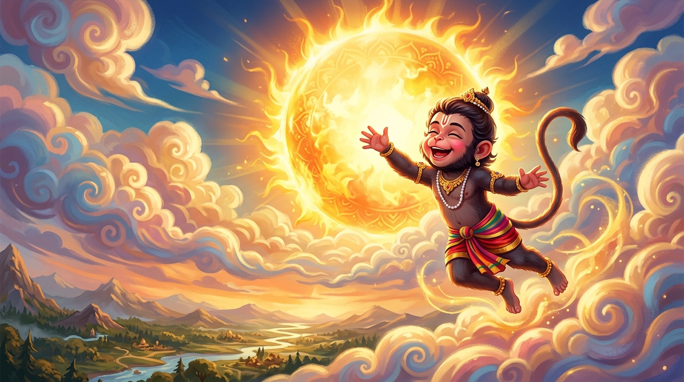 Baby Hanuman leaping to swallow the sun — Chaupai 18 Jug Sahastra Jojan Par Bhanu
