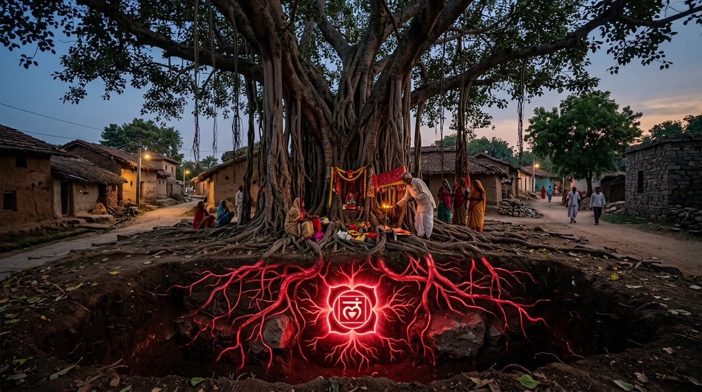 Sacred Banyan tree with Muladhara chakra roots and Ganesha — deep roots of spiritual foundation