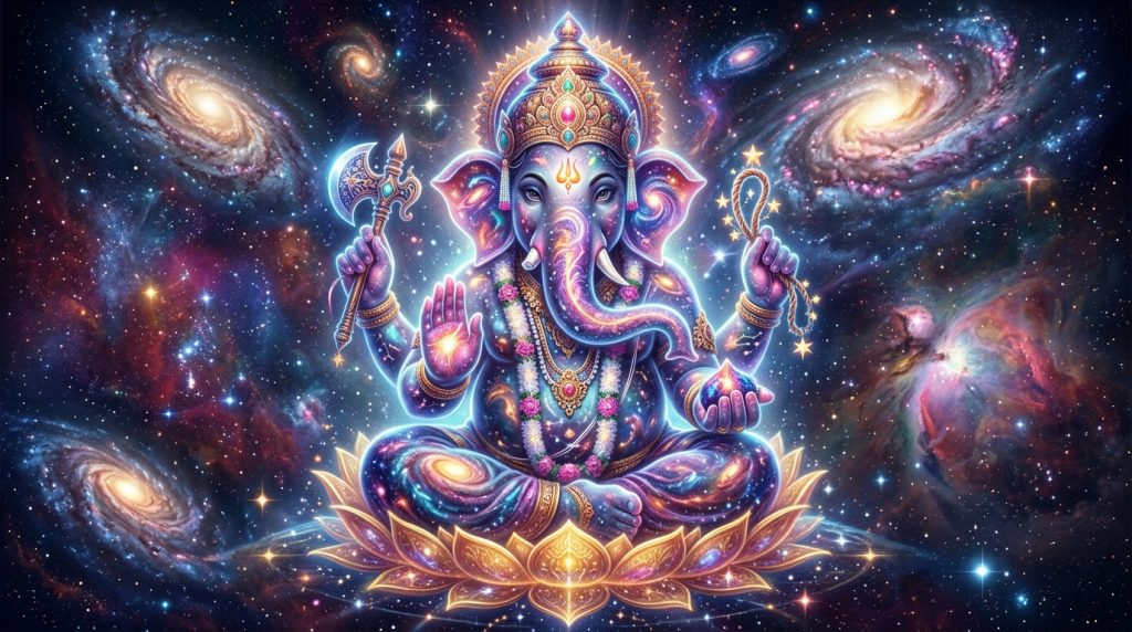 Lord Ganesha as cosmic Brahman containing the universe — Ganpati Atharvashirsha hero image