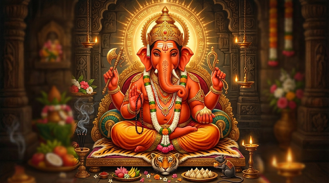 Lord Ganesha in Dhyana form — Ekadanta with four arms as described in Ganpati Atharvashirsha