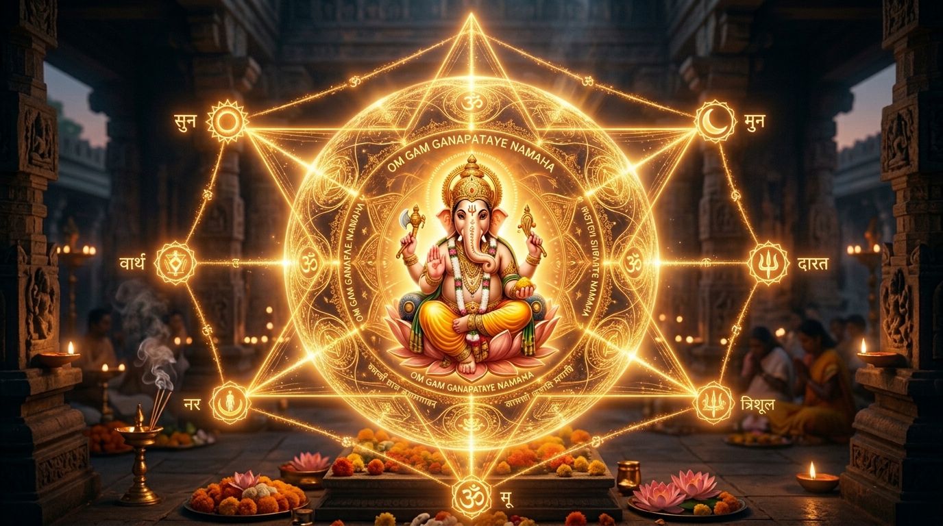 Golden protective sphere with Ganesha as guardian — Sarvato Mam Pahi omnidirectional protection