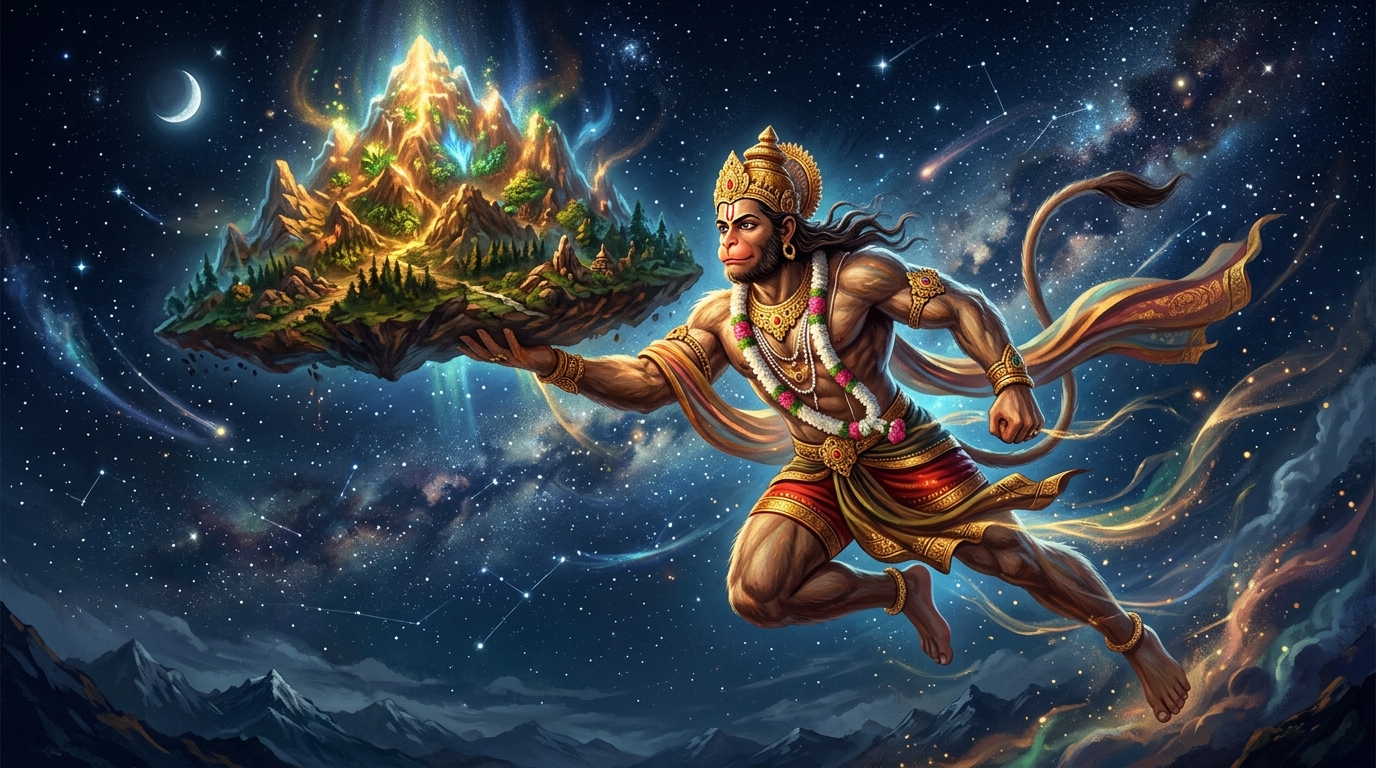 Hanuman carrying the Dronagiri mountain with Sanjeevani herb — Chaupai 11