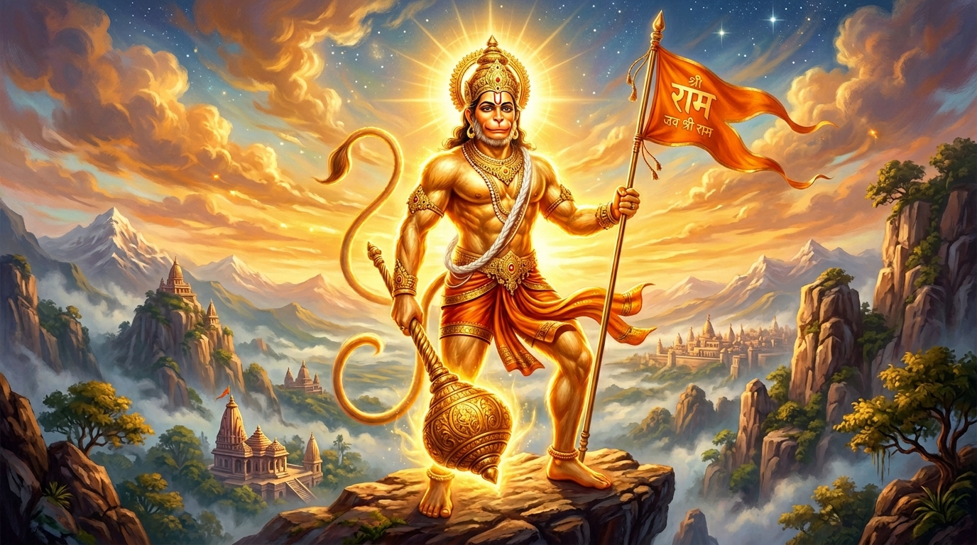 Golden Hanuman with mace, flag, and sacred thread — Chaupai 4-5 Kanchan Baran