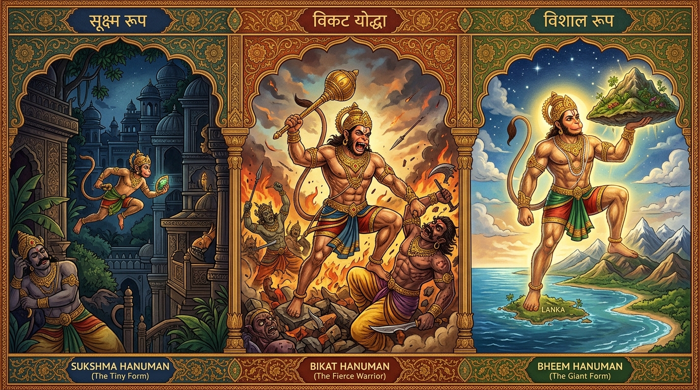 Hanuman's three forms — tiny before Sita, terrifying burning Lanka, mighty destroying demons — Chaupai 9-10