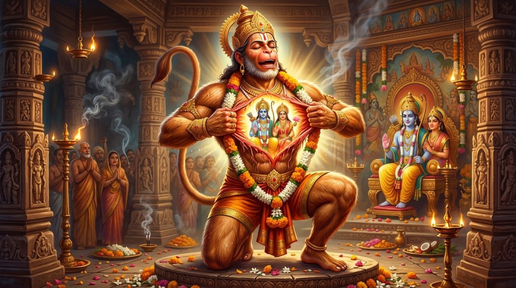 Lord Hanuman with Ram and Sita in his heart — Hanuman Chalisa hero image