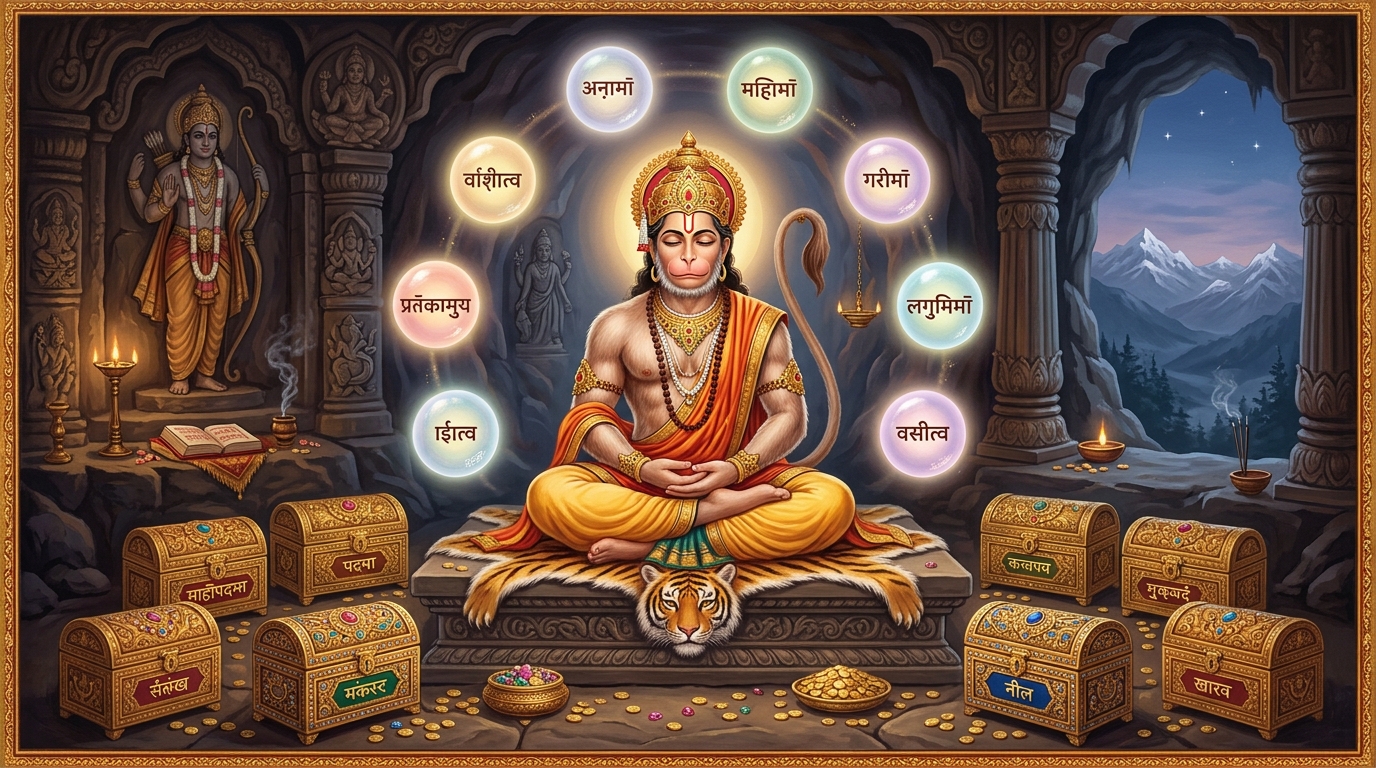 Hanuman with Ashta Siddhis and Nau Nidhis — eight powers and nine treasures of Chaupai 31