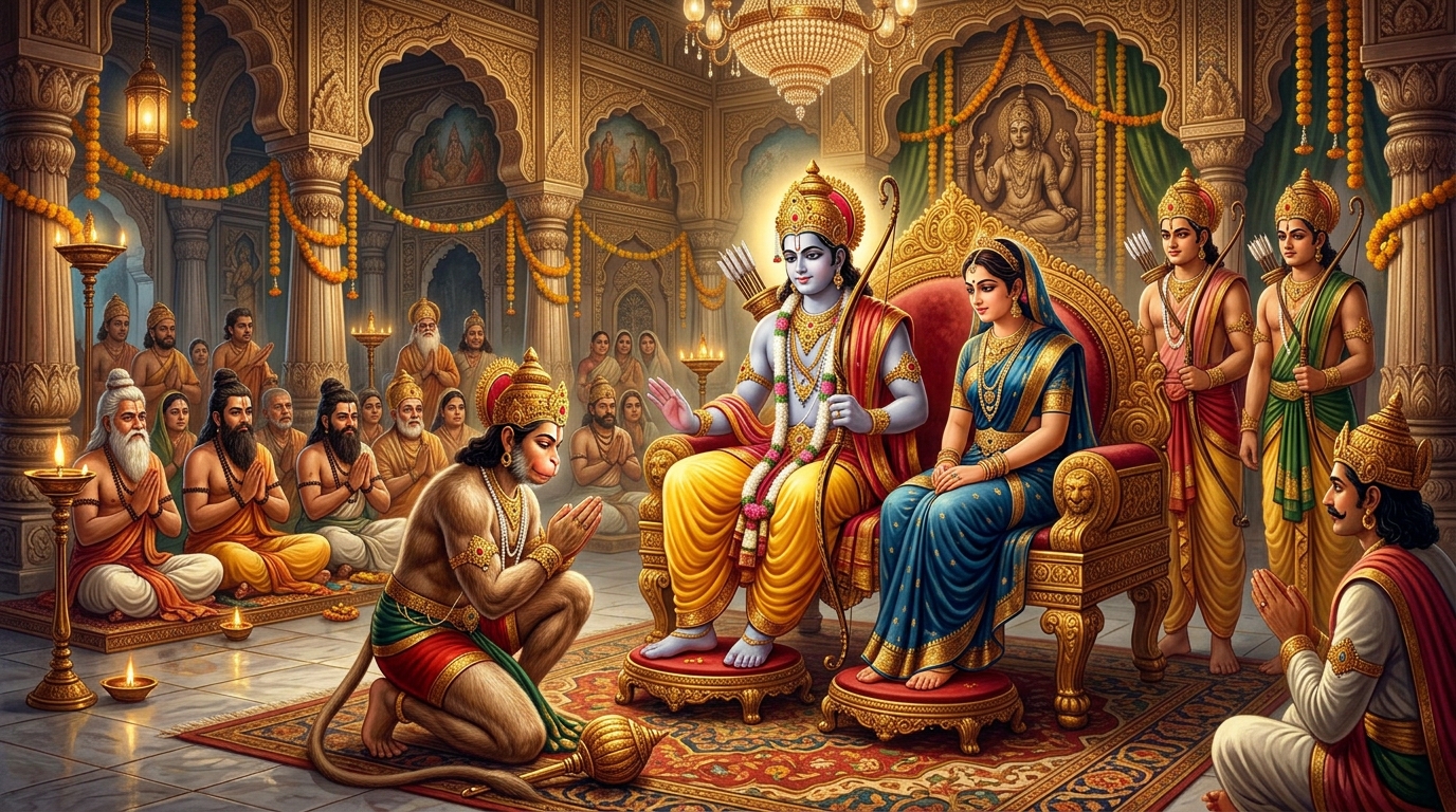 Ram Darbar — Hanuman in devotion at the feet of Lord Rama, Sita, and Lakshmana — Closing Doha