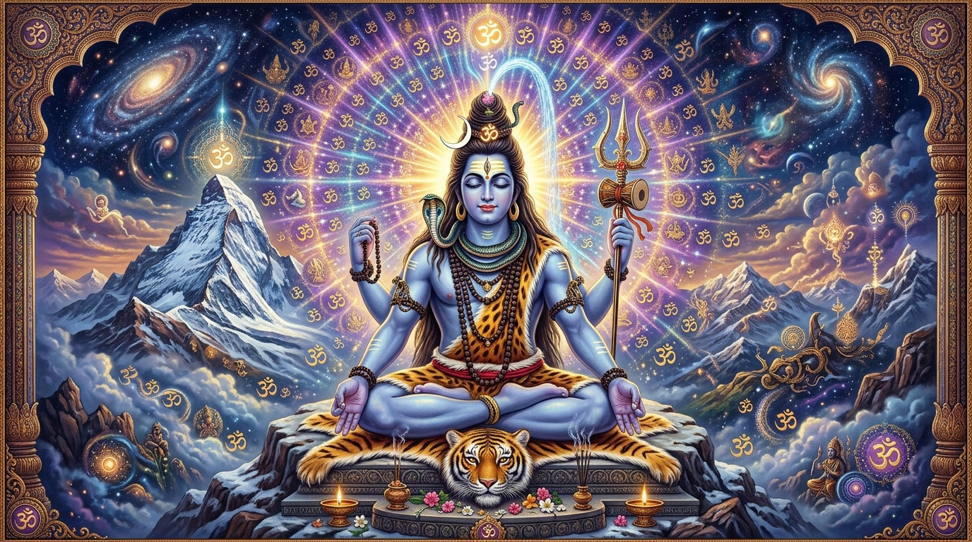 Lord Shiva in deep meditation on Mount Kailash with third eye glowing — Mahamrityunjay Mantra hero image