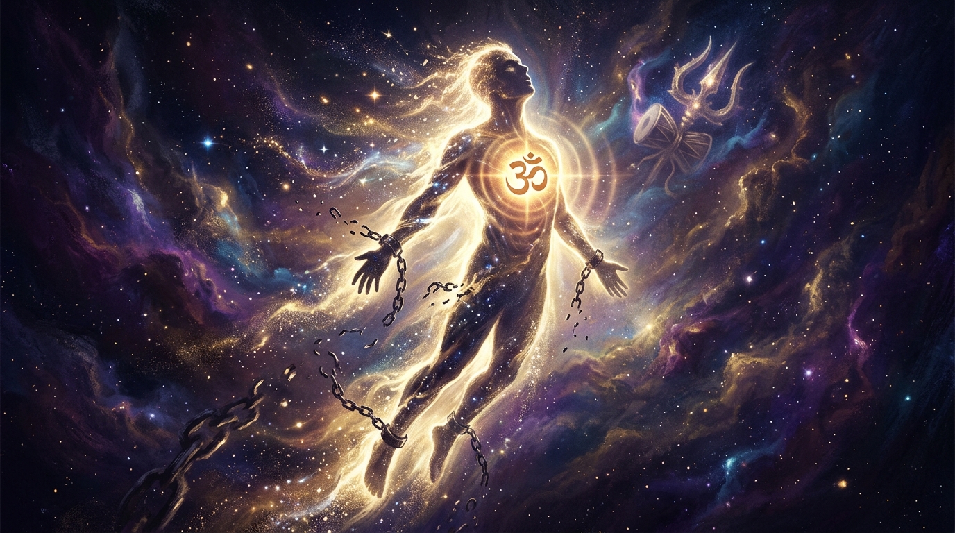 Soul dissolving into cosmic immortal consciousness — Mrityor Mukshiya Maamritat meaning liberation from death