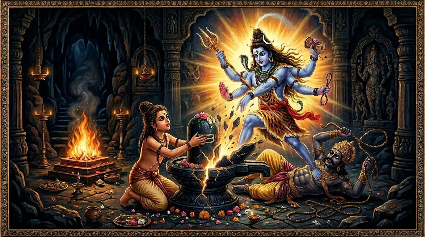 Sage Markandeya clinging to Shiva Lingam as Lord Shiva in Kalantaka form defeats Yama — origin story of Mahamrityunjay Mantra