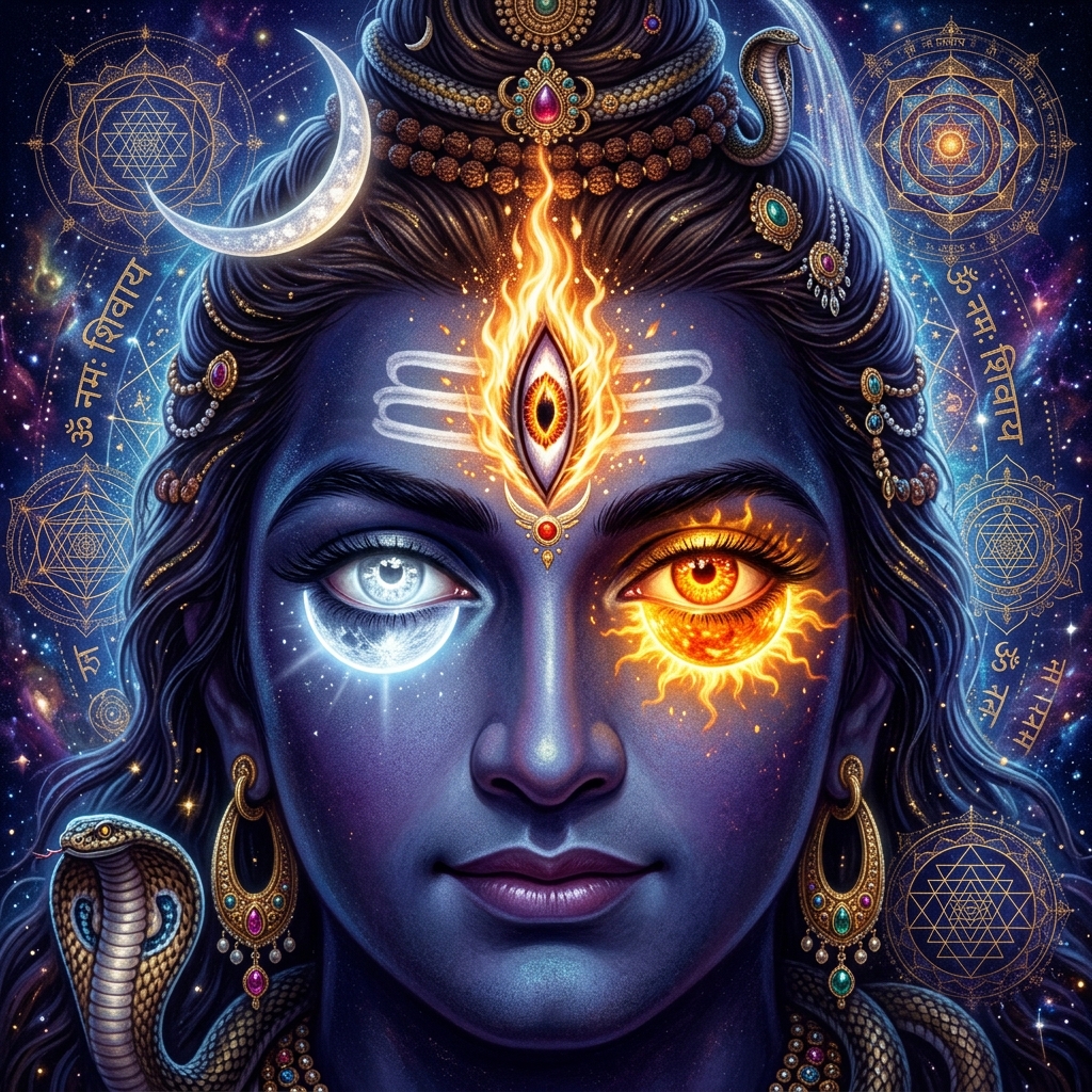 Shiva's three eyes — moon, sun, and fire of wisdom — meaning of Tryambakam in Mahamrityunjay Mantra