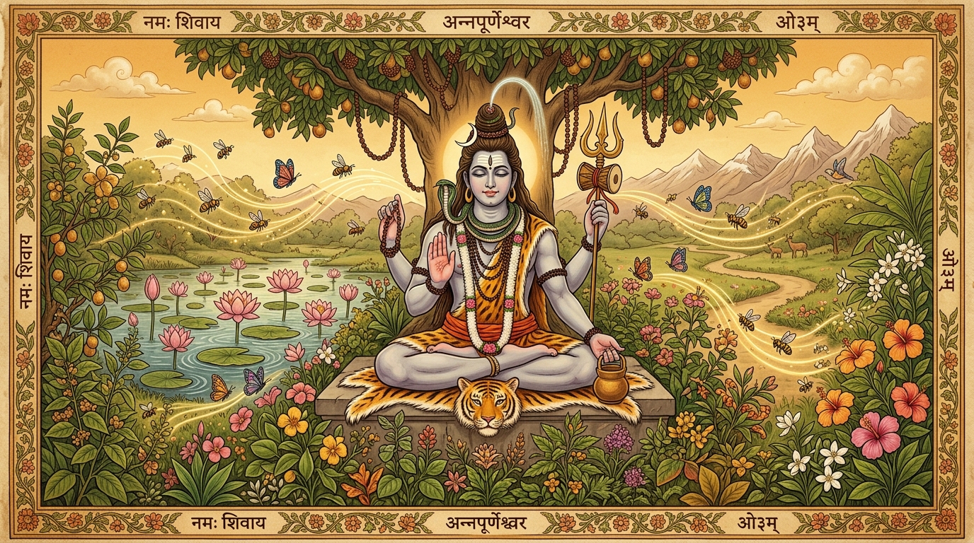 Lord Shiva as divine nourisher in celestial garden — meaning of Sugandhim Pushtivardhanam