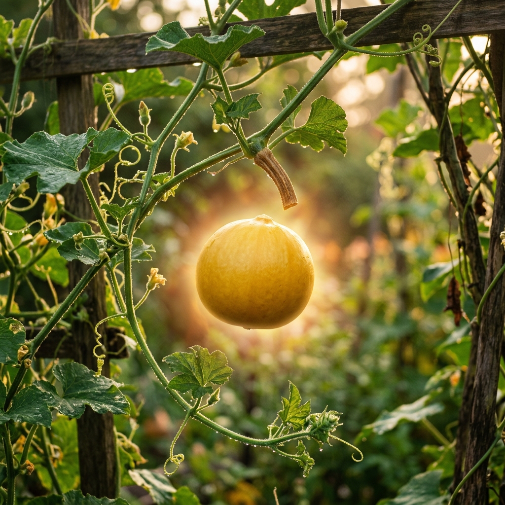 Ripe gourd naturally releasing from its vine — Urvarukamiva Bandhanan metaphor for spiritual liberation in Mahamrityunjay Mantra